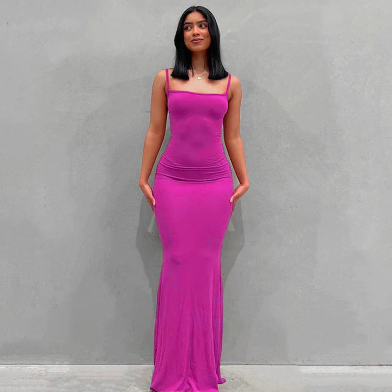  Black Skims Long Dress  Sleeveless Solid Skinny Bodycon Trumpet Maxi Dresses 