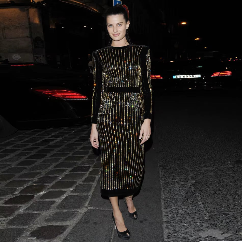 Shiny Crystal Embellished Long Sleeve round Neck Back Split Bodycon Midi Dress 