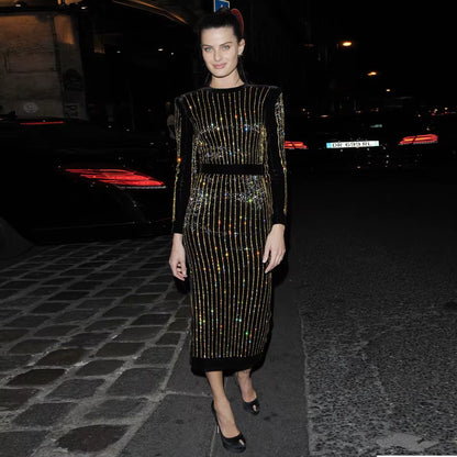 Shiny Crystal Embellished Long Sleeve round Neck Back Split Bodycon Midi Dress 