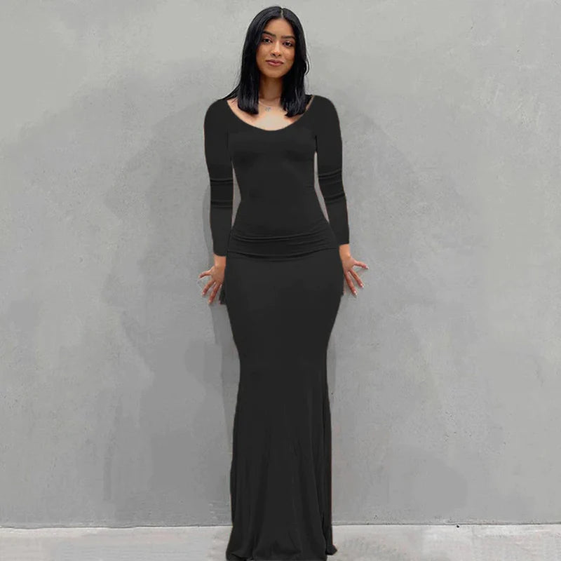  Black Skims Long Dress  Sleeveless Solid Skinny Bodycon Trumpet Maxi Dresses 